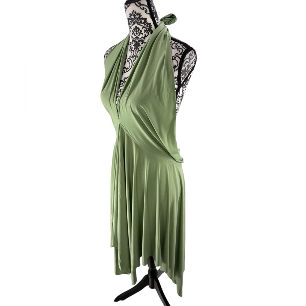 Norma Kamali Convertible Handkerchief Dress Sage Green Multi-Way Halter Cocktail - Picture 6 of 10